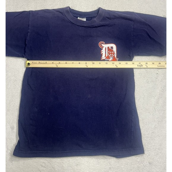 Vintage 90s Logo 7 Detroit Tigers MLB Navy Blue Graphic T-Shirt Youth Size Large - Picture 6 of 8